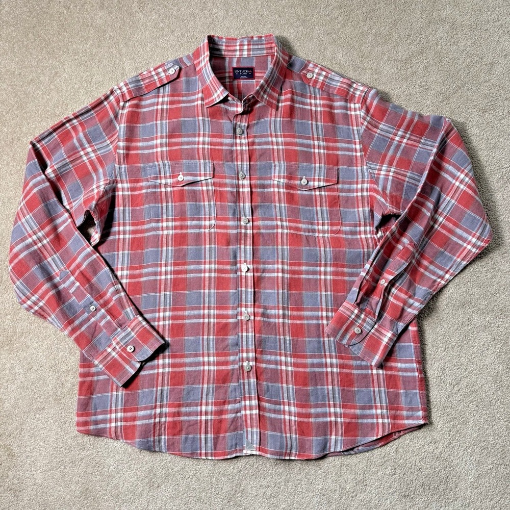 UNTUCKit 100% Linen Long‎ Sleeve Plaid Epaulets Shirt Mens XL Red Blue